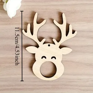 Wooden reindeer chocolate container detail view, showing cutout antlers and round hole.