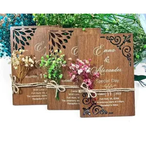 Wooden Wedding Invitation Card Laser Cut Hollow Wood Invitations With Preserved Flowers Hemp Rope Rustic Beach Wedding Party Decor