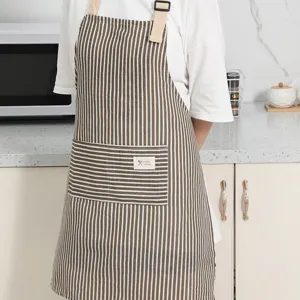 Braune und weiße gestreifte Baumwoll-Leinen-Küchenschürze mit Tasche zum Kochen und Backen.