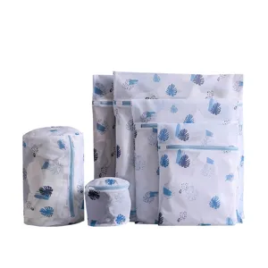 Set of 70g printed fine mesh laundry bags with blue leaf design for washing machine care.
