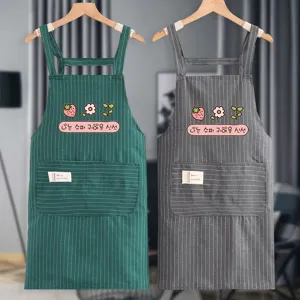 Süße gestreifte Baumwoll-Leinen-Schürze mit Taschen, Küchen-Koch-Blumen-Design, 2er-Set.