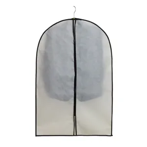 Breathable non-woven garment dust cover with center zipper for suit storage detail view.