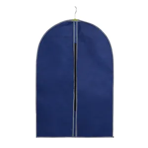 Detail view of the breathable blue garment cover with zipper and reinforced gray edges for suits.
