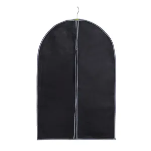 Black garment dust cover with center zipper and grey trim, breathable coat protector for suits.