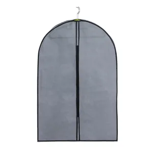 Grey breathable garment dust cover with center zipper and black trim for suits coats storage.