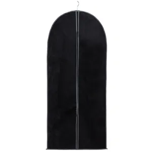 Black garment cover detail shot, dustproof clothing protector with zipper and hook.