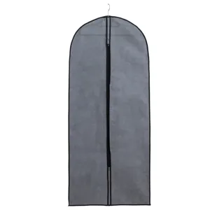 Close-up detail of the breathable grey garment dust cover with center zipper for wardrobe.