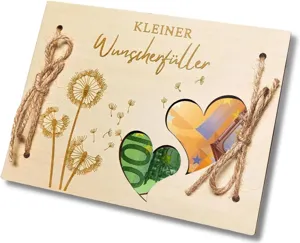 Houten geldcadeau houder met paardenbloem gravure en hartjes uitsnijdingen voor cadeaus.