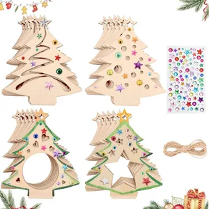 Ensemble d'ornements de sapin de Noël DIY en bois vierge avec autocollants strass et ficelle.
