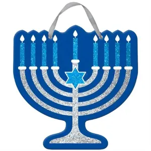 Wooden Hanukkah door sign menorah wall hanging decoration with glitter candles for holiday festival decor.