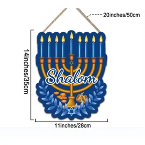 Hanukkah wooden hanging sign, Menorah wall pendant with Shalom text, Jewish holiday decor.