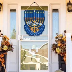 Hanukkah wooden door sign with menorah and Shalom text, festive holiday wall hanging decor.