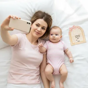 Wooden newborn milestone birth announcement card prop set in a warm bedroom scene.