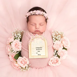 Wooden newborn milestone photo prop card, detail view of birth announcement memory board.