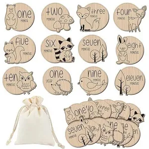 Wooden Baby Milestone Cards Monthly Growth Discs Newborn Photo Props With Storage Bag Animal Design Baby Keepsake Gift