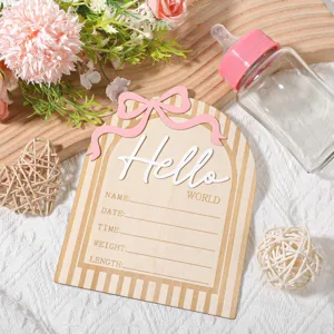 Wooden newborn milestone card photo prop baby announcement board with Hello text and bow.