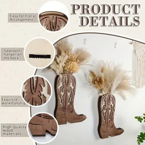 Jarrón de pared de madera bota de vaquero para arreglo floral, decoración colgante.