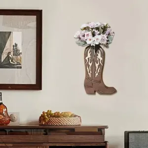 Maceta de pared de madera con forma de bota de vaquero y flores artificiales, jarrón colgante rústico.