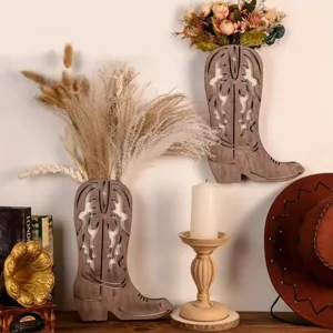 Florero de pared bota de vaquero de madera detalle, recipiente floral rústico para decoración