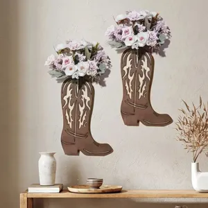 Juego de florero de pared con bota de vaquero de madera, maceta colgante rústica para el hogar.
