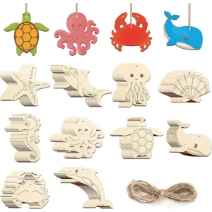 Recortes de Animales Marinos de Madera Sin Terminar Rodajas de Madera Vírgenes Con Cuerda de Cáñamo Para Niños Pintura DIY Decoración