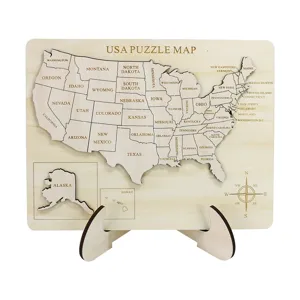 Puzzle de carte des USA gravé au laser 3D en bois, jouet éducatif et décoration.