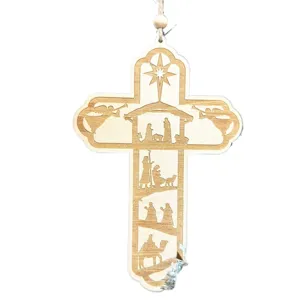 Hermoso adorno colgante de cruz de natividad de navidad de madera decoración religiosa