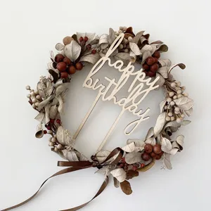 Wooden Happy Birthday Cake Topper Forest Style Laser Cut Cake Decoration Party Photography Props Dessert Topper