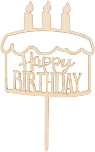 Wooden cake topper detail with candle cutout and Happy Birthday text for party decoration.