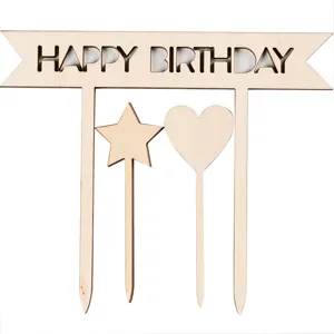 Wooden birthday cake topper set with cutout letter sign, star and heart shapes for party decor.