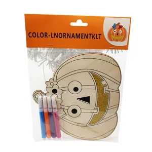 Kids DIY Wooden Pumpkin Painting Craft Kit with 4 Color Markers Halloween Hanging Decor