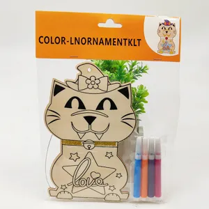 DIY wooden cat painting toy set with colored markers, creative kids art and craft kit for fun.