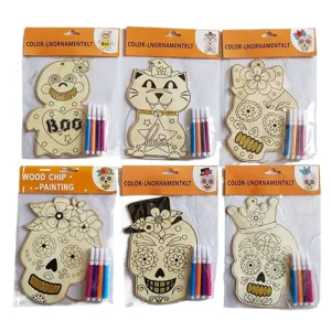 Halloween wooden DIY painting boards with markers children creative craft set 6pcs