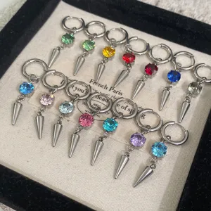 Colorful rhinestone spike huggie earrings set, gothic punk metal dangle hoop earrings.