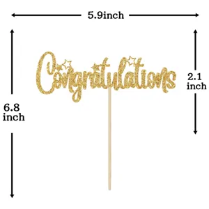 Gold glitter congratulations cake topper with wooden stick for graduation party decoration detail.