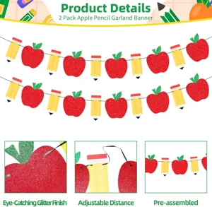 Back to school apple pencil garland banner set, glitter finish, adjustable classroom decor.