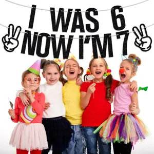 Zwarte glitter verjaardag banner I was 6 now I'm 7 voor kinderfeestje decoratie
