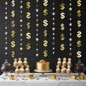 Kit de decoration de fete avec guirlande de signes dollar et etoiles dores pour anniversaire.