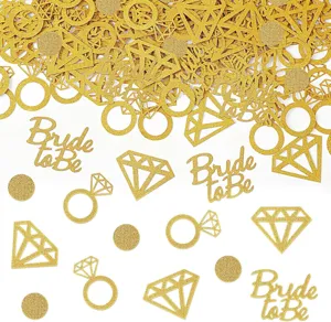 Bride to be gold glitter confetti detail, diamond and ring shapes for wedding party decor.