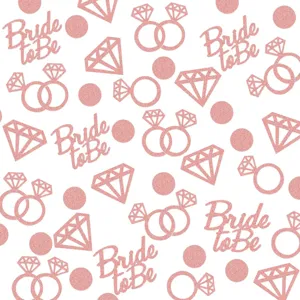 Close up detail of wedding bride to be pink glitter diamond ring confetti table decoration.