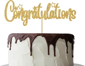 Gold glitter Congratulations cake topper detail closeup for graduation party decor.