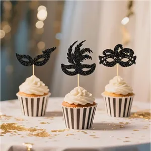 Glitter Paper Masquerade Mask Cupcake Toppers Theme Party Cake Decoration Picks For Birthday Halloween Celebration