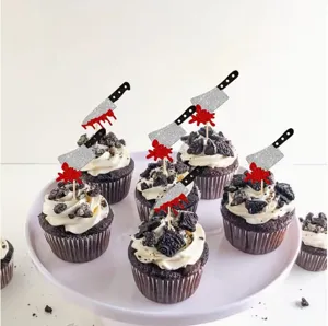 Halloween glitter bloody cleaver cupcake toppers spooky party cake baking decorations