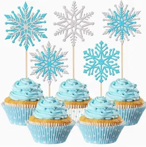 Glitter Paper Snowflake Cake Topper Winter Theme Blue Silver Decorative Cupcake Picks For Birthday Christmas Party Cake Decoration