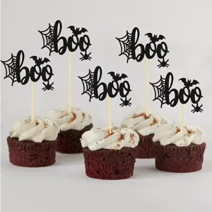Halloween Cupcake Toppers Glitter Paper Spider Web Bat Boo Letters Design For Halloween Happy Birthday Theme Party Cake Decorations