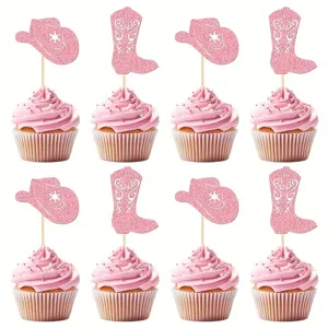 Glitzerpapier Western Cowboyhut Stiefel Kuchen-Topper Rosa Braun Cupcake Picks Für Geburtstag Party Kuchen Dekorationen