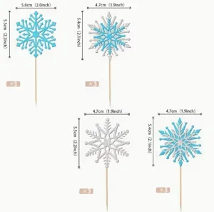 Detailed view of winter snowflake cake toppers with size dimensions and quantity info.