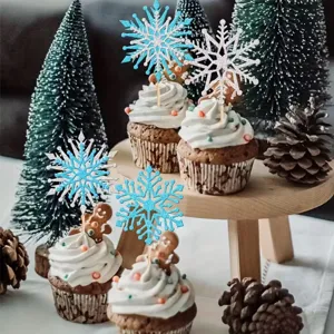 Winter snowflake cupcake toppers detail shot, glitter paper design for Christmas and birthday party decor