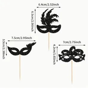 Detail view of black glitter masquerade mask cake toppers with size dimensions marked.