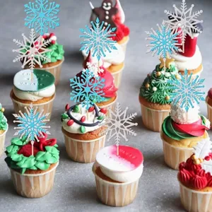Glitter snowflake cupcake toppers, winter wonderland birthday party cake decorations.